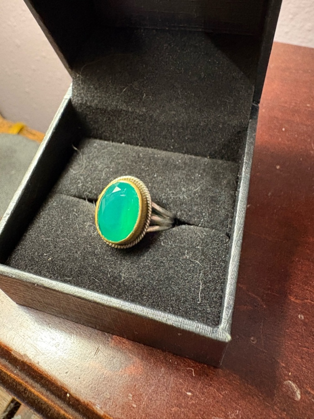 Sterling Green Oval Gemstone Ring in Gold-Tone Bezel
